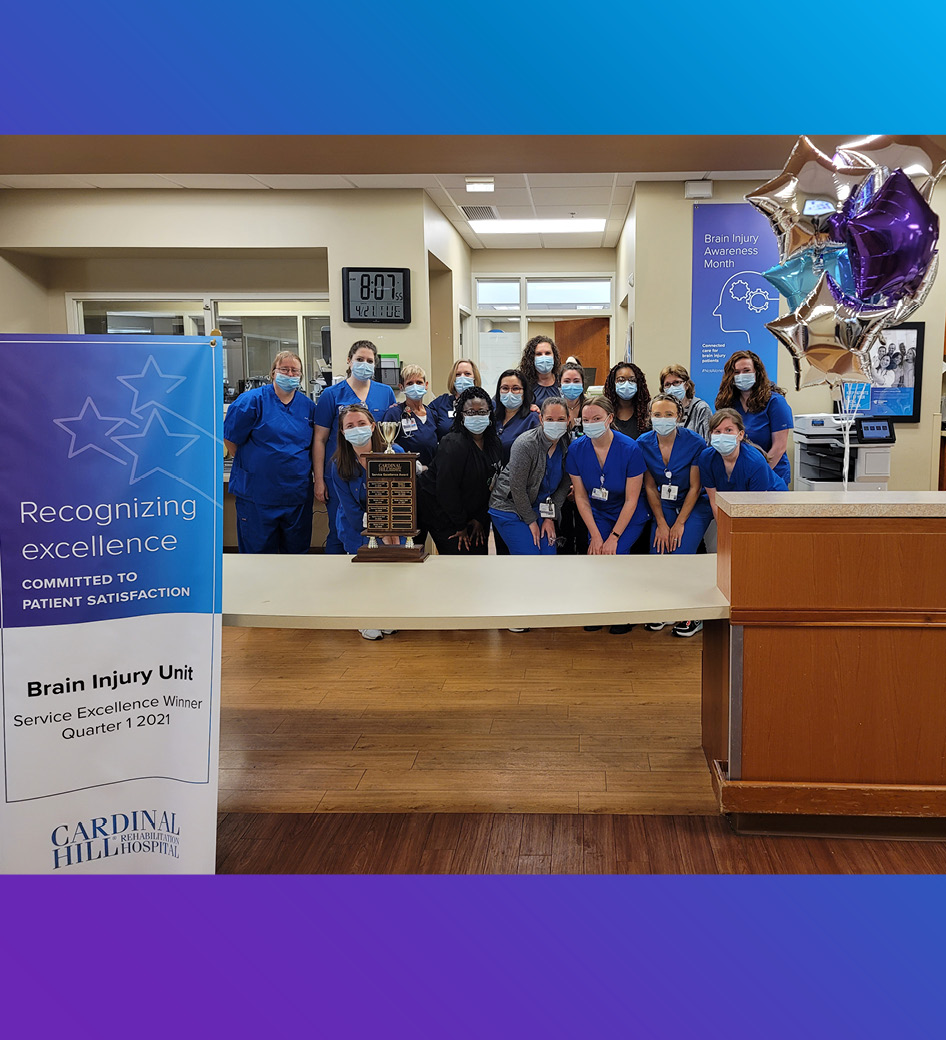With a patient satisfaction score of 88.5 for the first quarter of this year, our Brain Injury Unit is the winner of the Patient Experience Service Excellence Program Award. Please join us in congratulating this team on a job well done!
