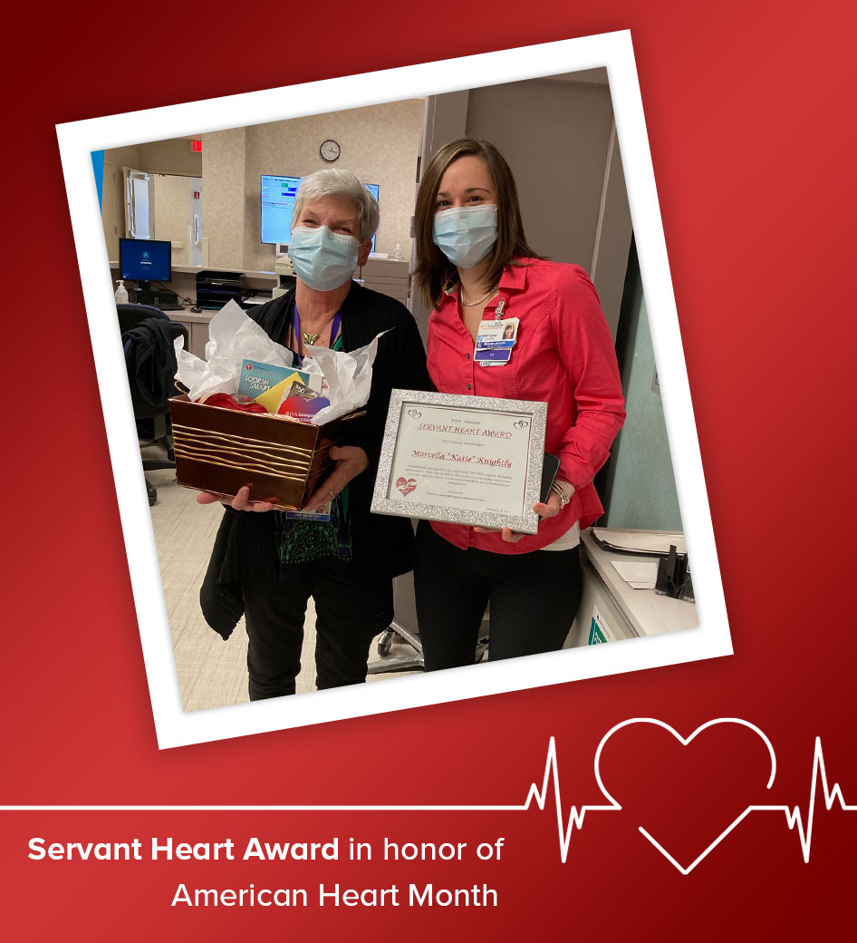 The business development team at UVA created the Servant Heart Award to honor a serving employee of their hospital during American Heart Month. Katie Knightly was the first recipient of the annual award. Katie was awarded the honor due to her dedication to her role and her patients, her strength as a team player, the superior service she provides to patients and co-workers, and her caring heart.